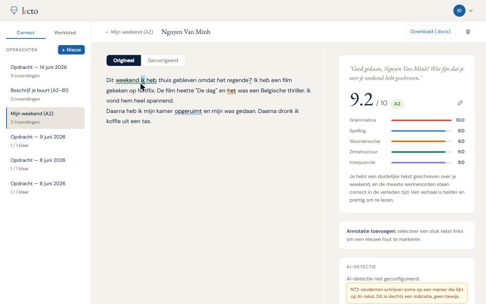 Lecto resultaatscherm: geannoteerde tekst met categoriescores en CEFR-niveaubadge