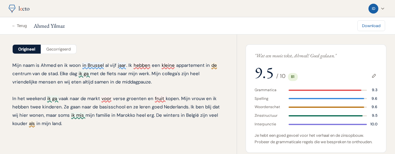 Lecto resultaatscherm: geannoteerde tekst met categoriescores en CEFR-niveaubadge