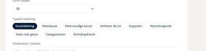 Werkblad genereren: CEFR-niveau, oefentype en onderwerp selecteren